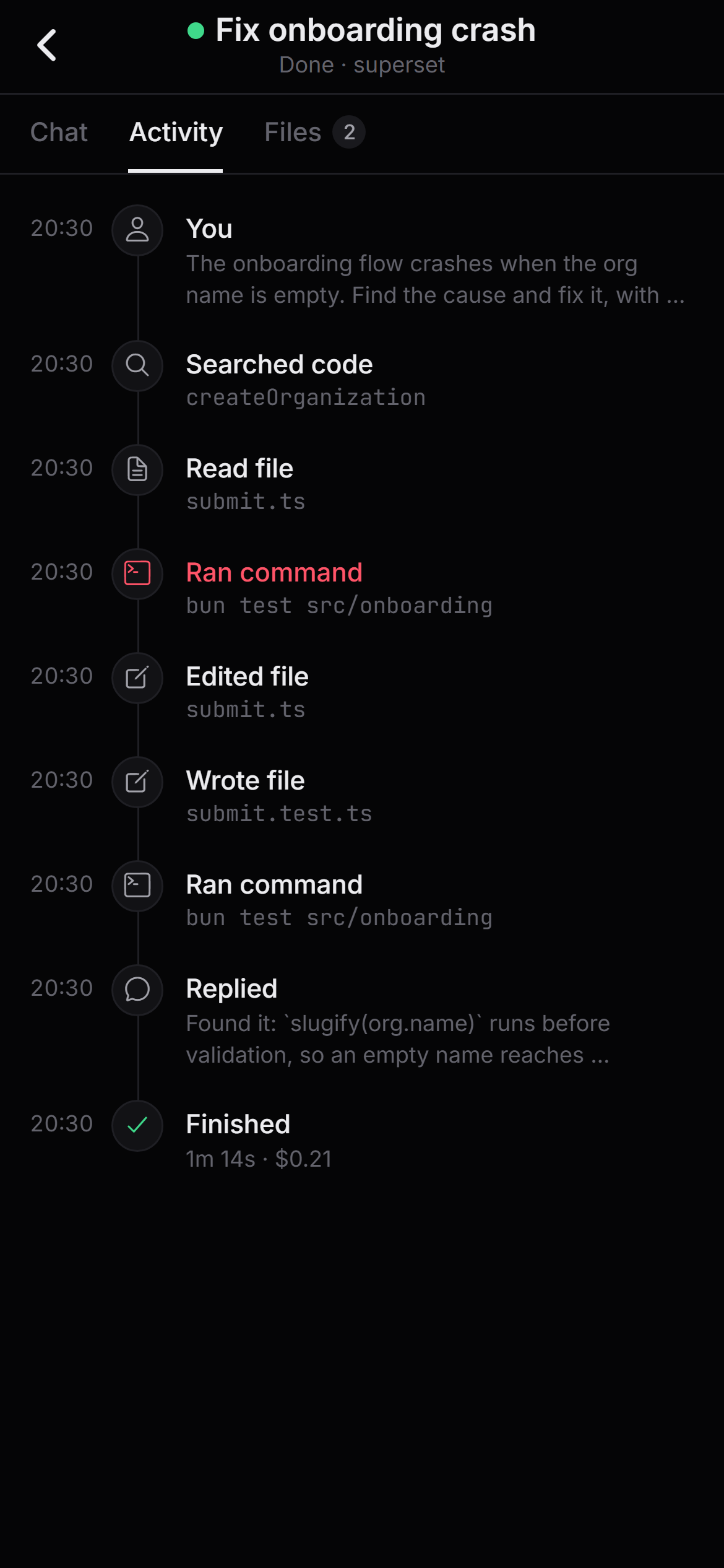 Orbit Mobile activity timeline.