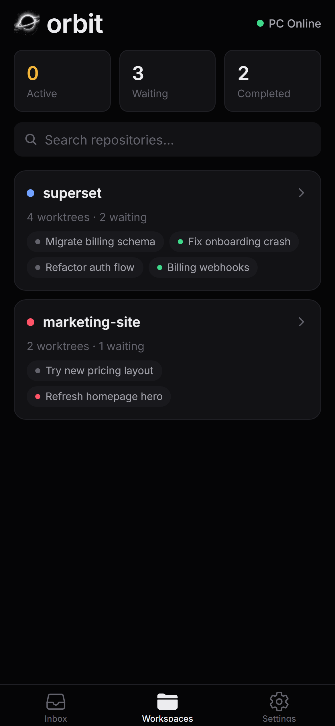 Orbit Mobile workspaces dashboard.