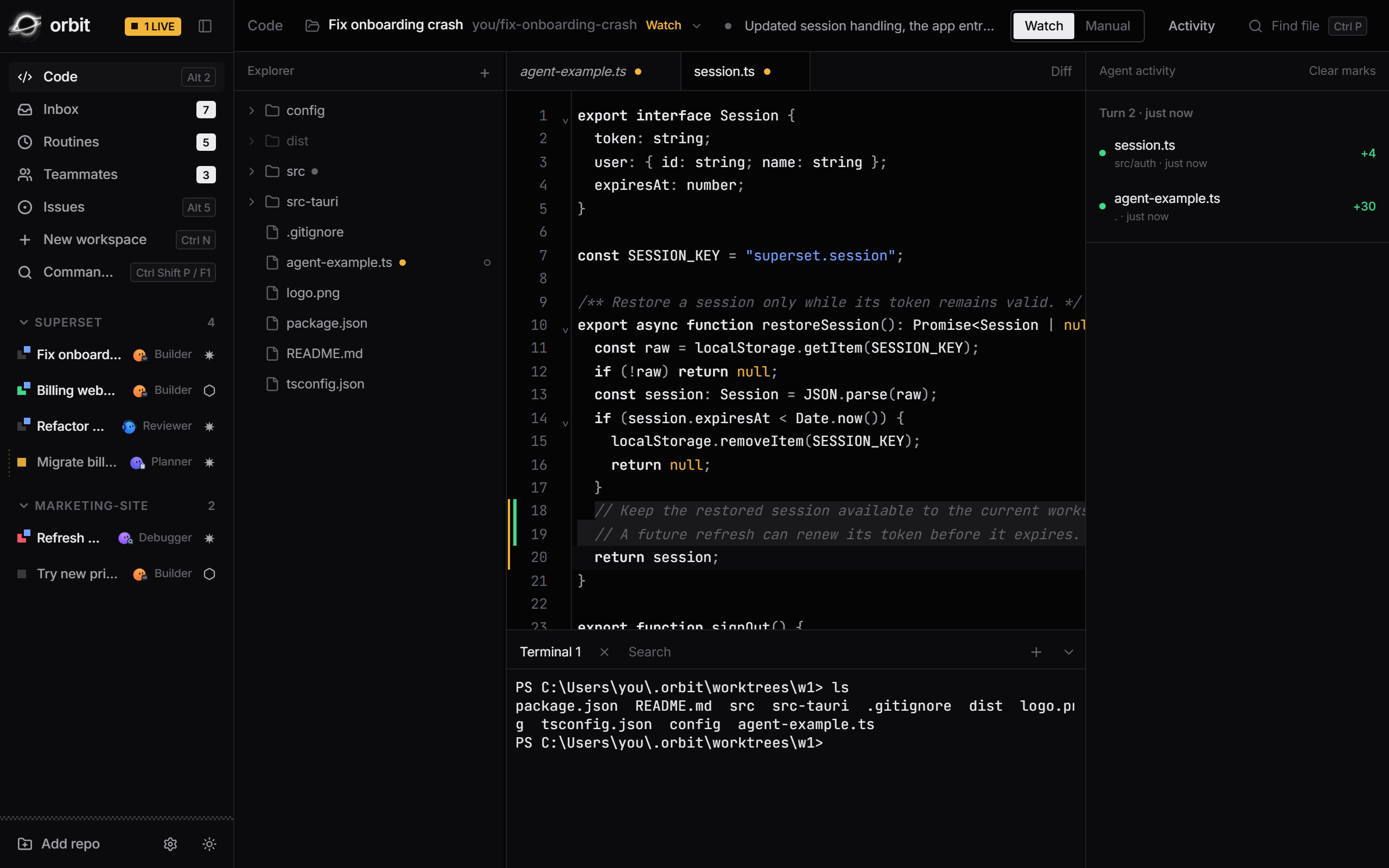 Orbit's Code view: file explorer, an editor with the agent's changes marked in the gutter, a terminal panel, and the agent's activity timeline.