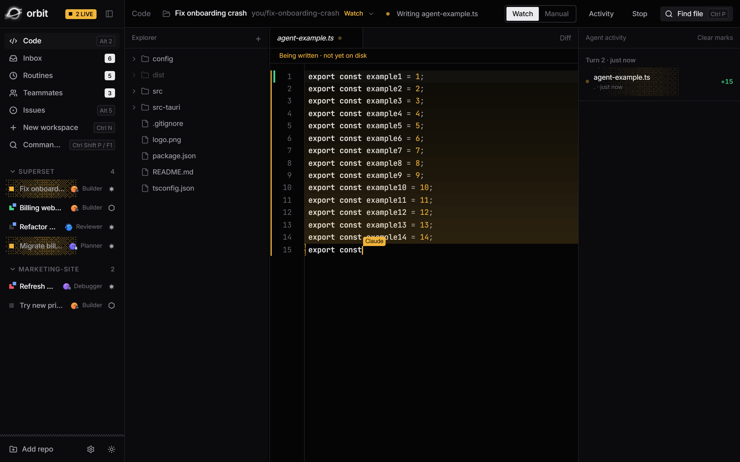 Orbit Code view following an agent, with flashed edits and the Activity timeline.