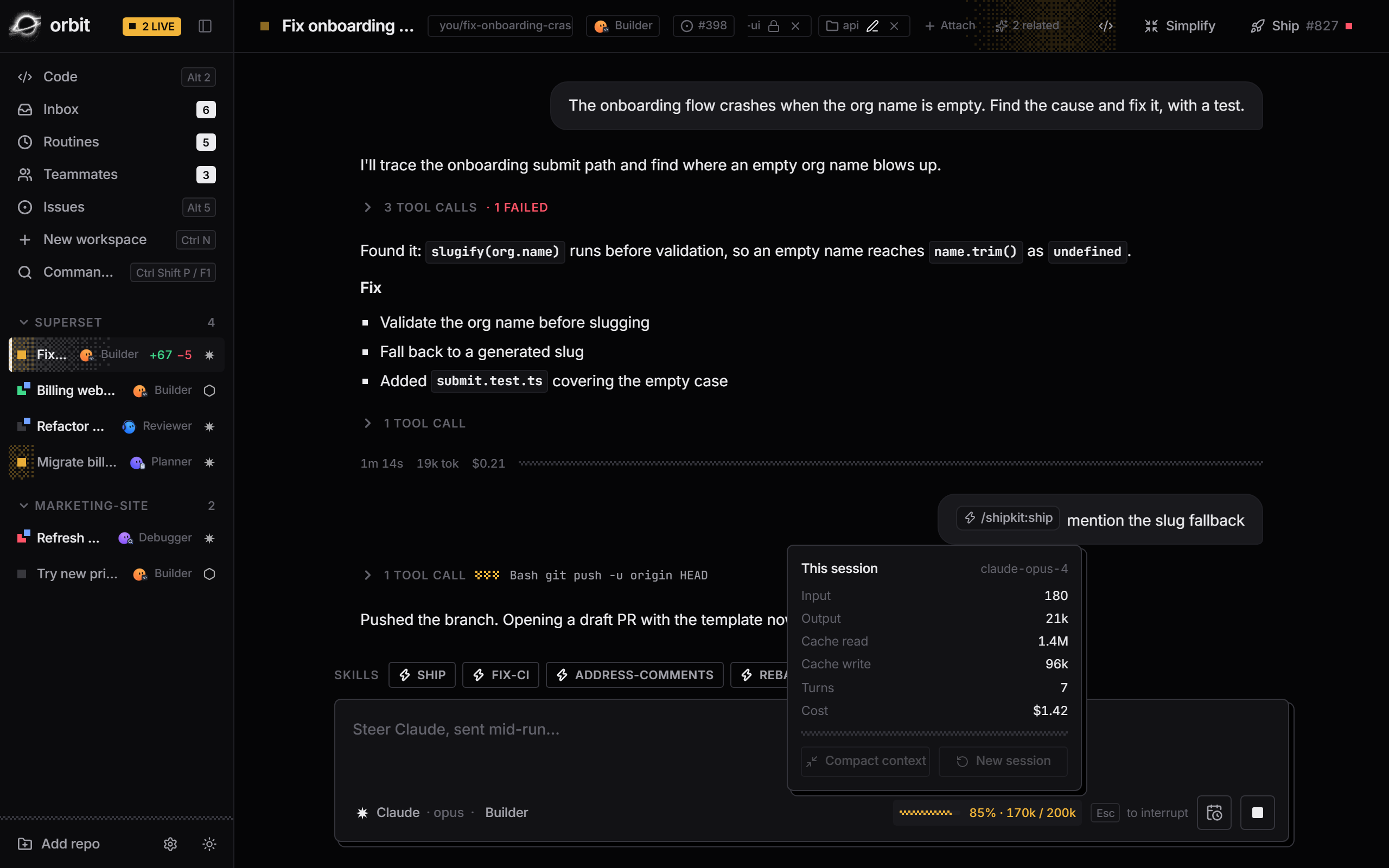 The context meter popover showing this session's tokens and cost