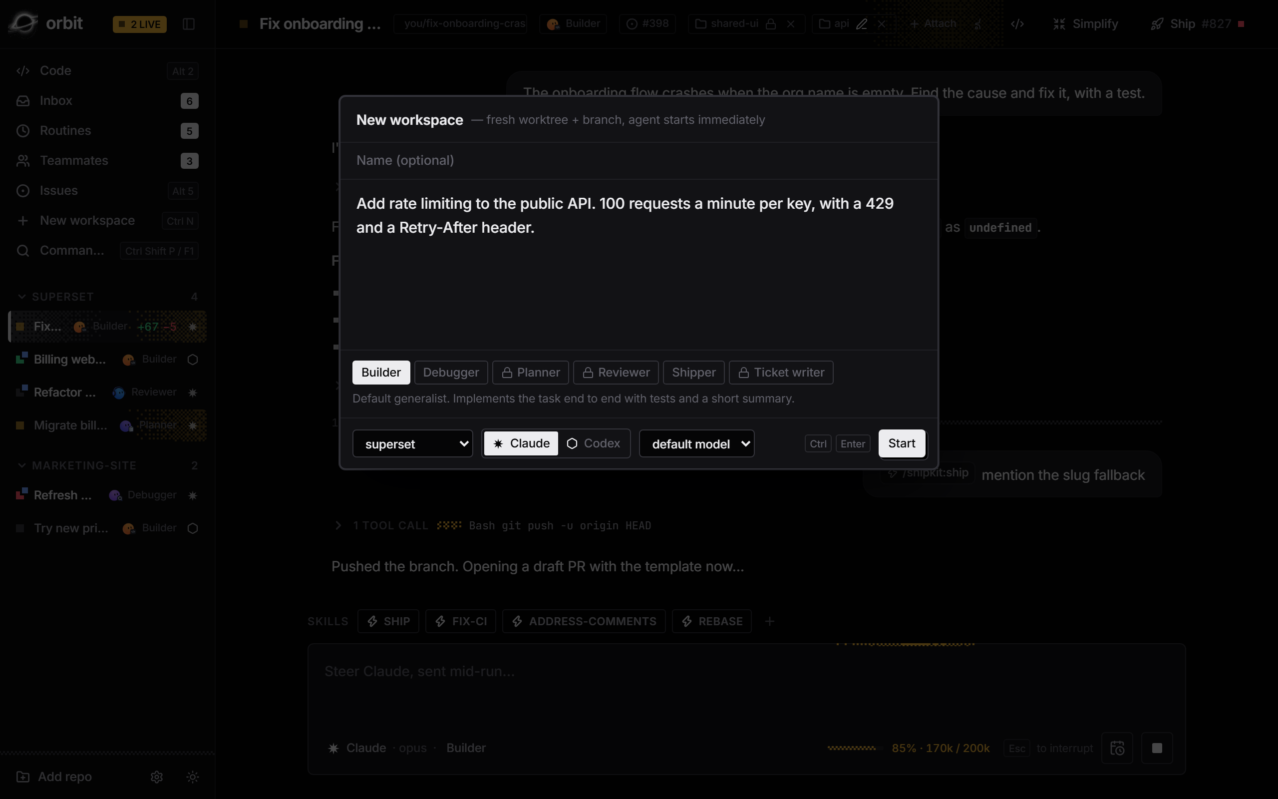 The New workspace dialog with a prompt, profile picker, repo, agent and model