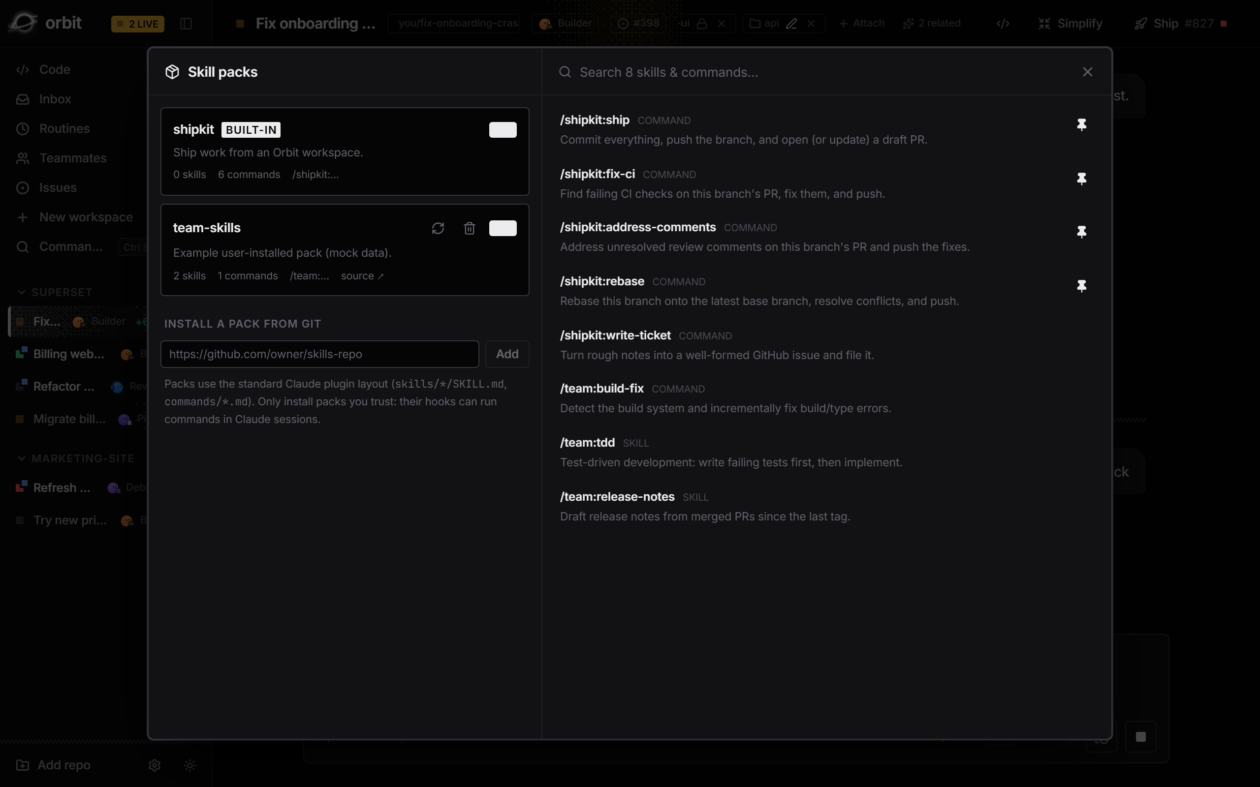 The Skill packs dialog with the bundled shipkit pack and an installed pack