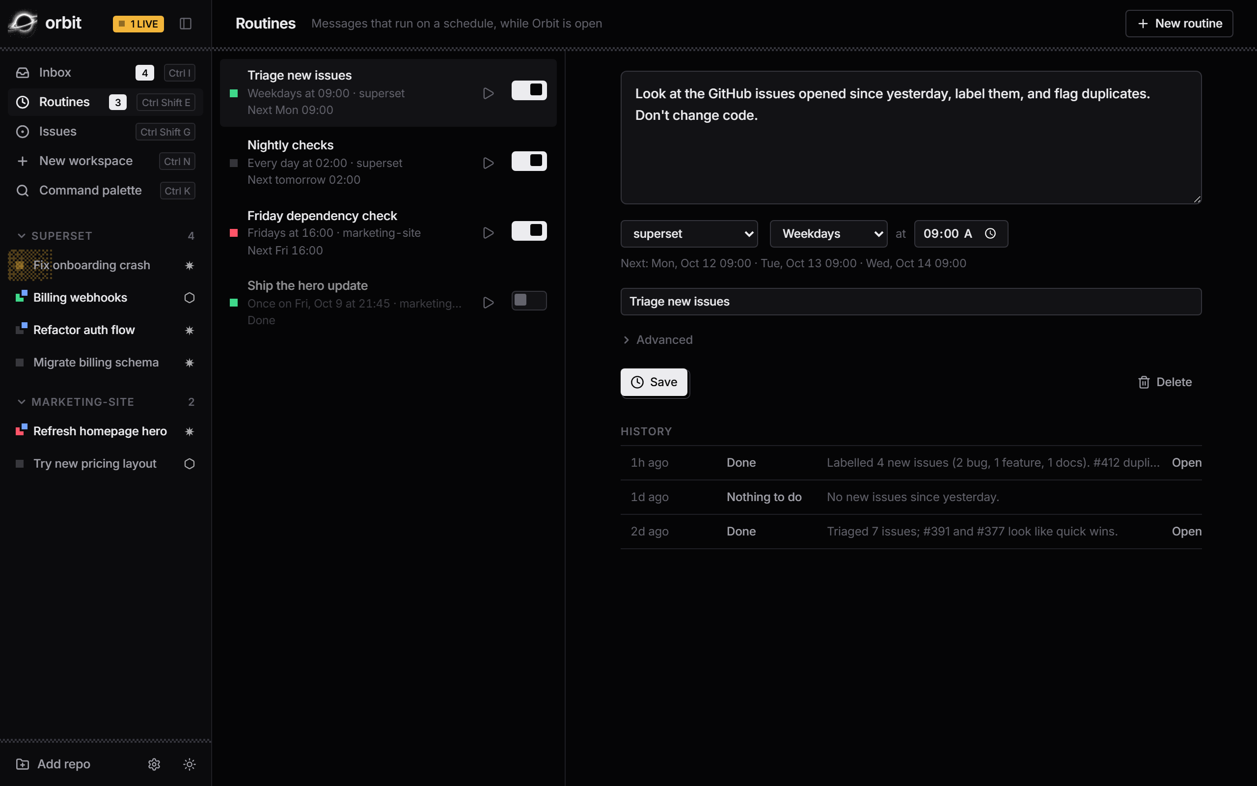 Orbit routines view.