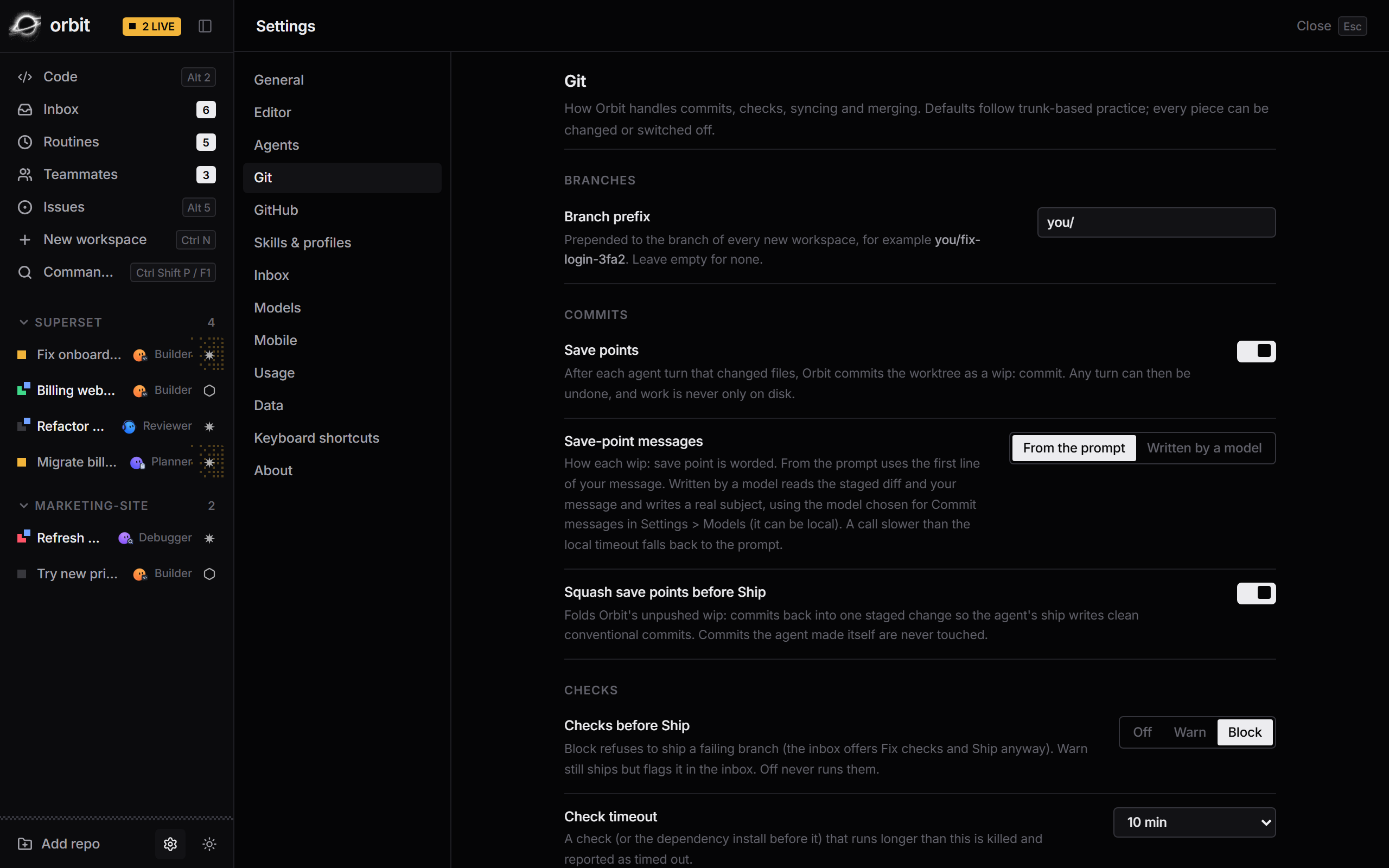 Git settings for save points, commit messages, squashing and checks before Ship