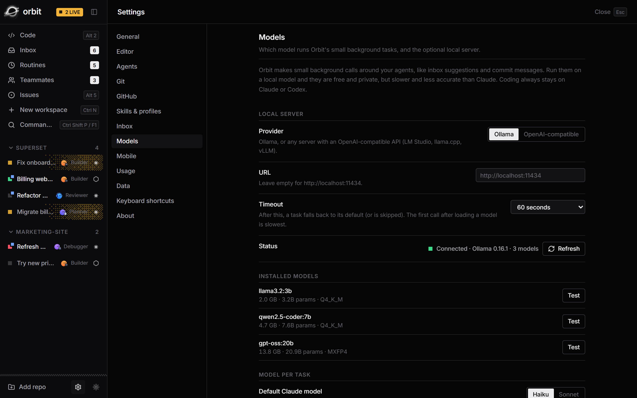 Model settings connected to a local Ollama server with three installed models