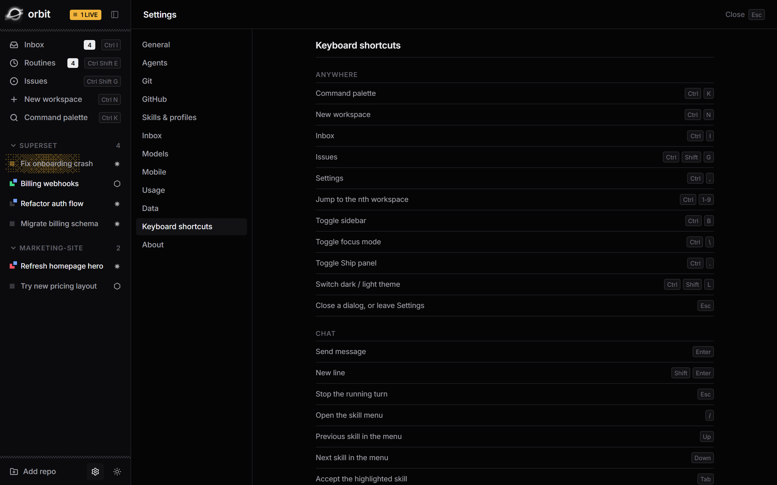 The keyboard shortcuts reference in Orbit's settings