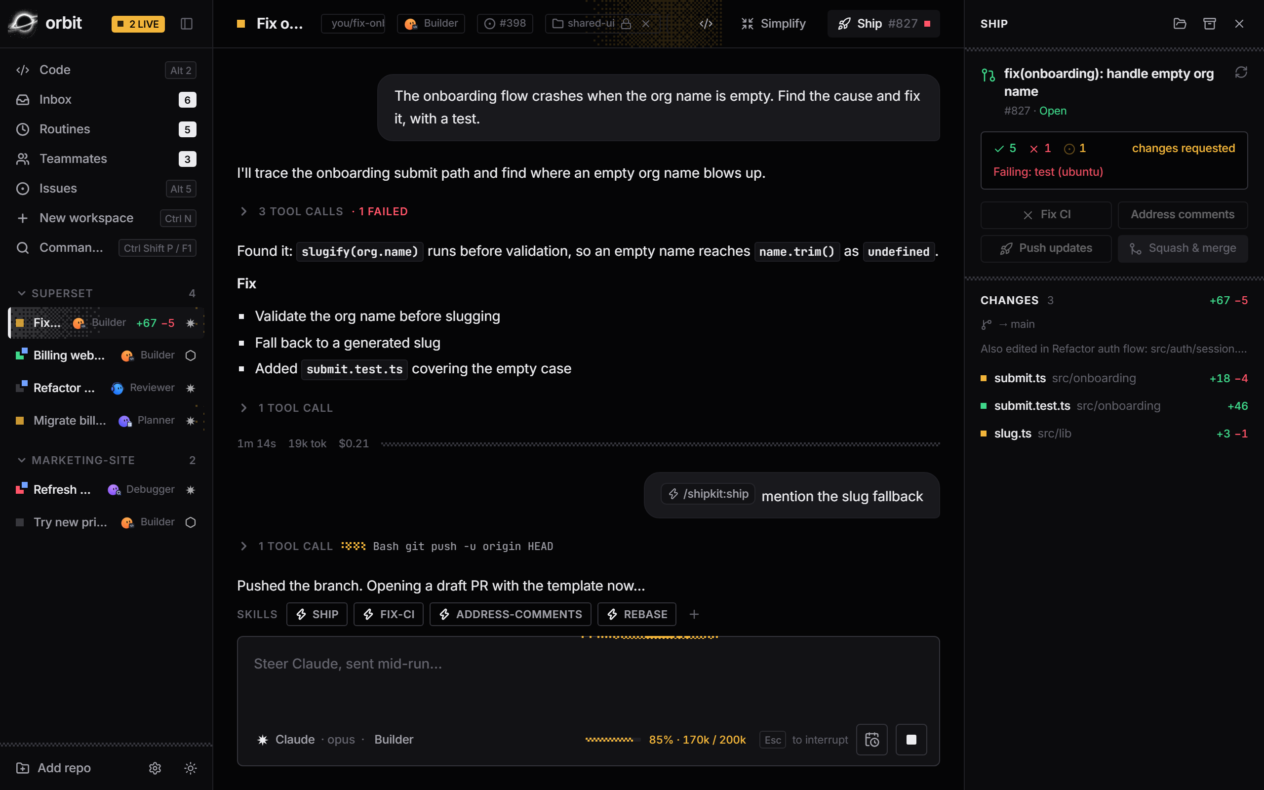 Orbit Ship panel with the draft pull request, checks and changed files.