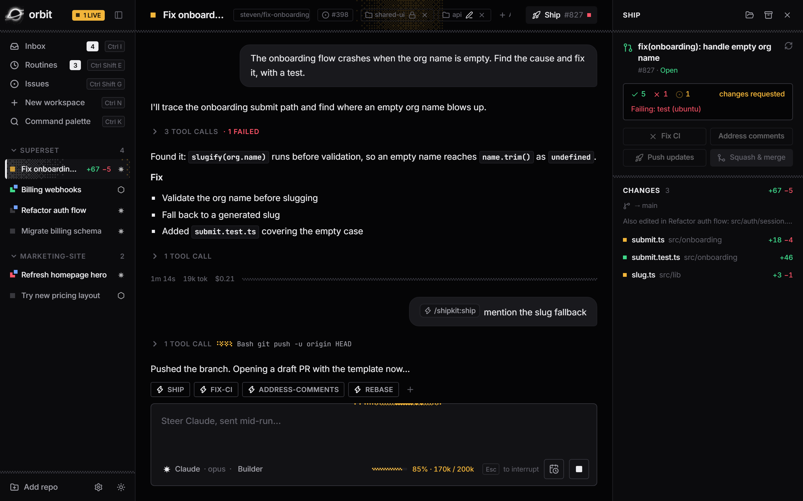 Orbit Ship panel with the draft pull request, checks and changed files.