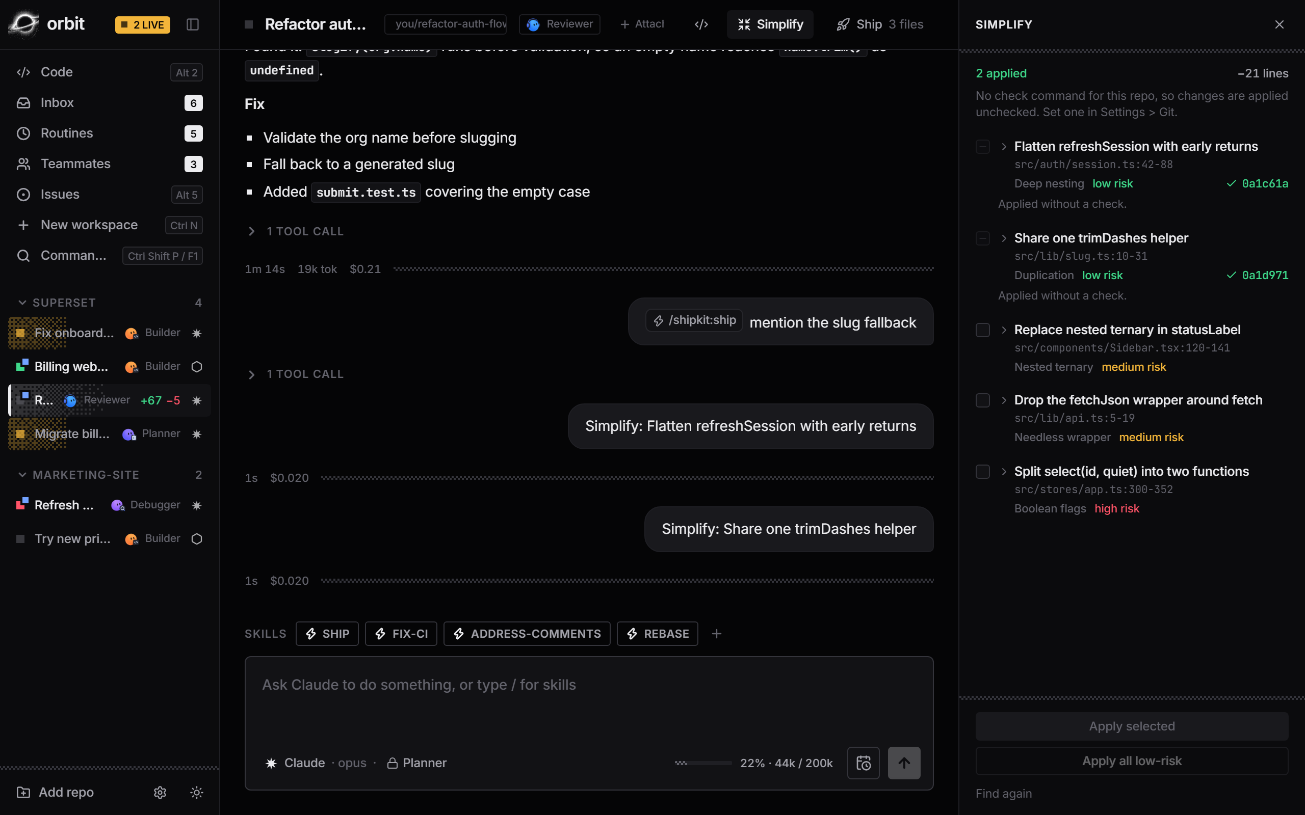 Orbit Simplify panel applying refactor candidates one at a time.