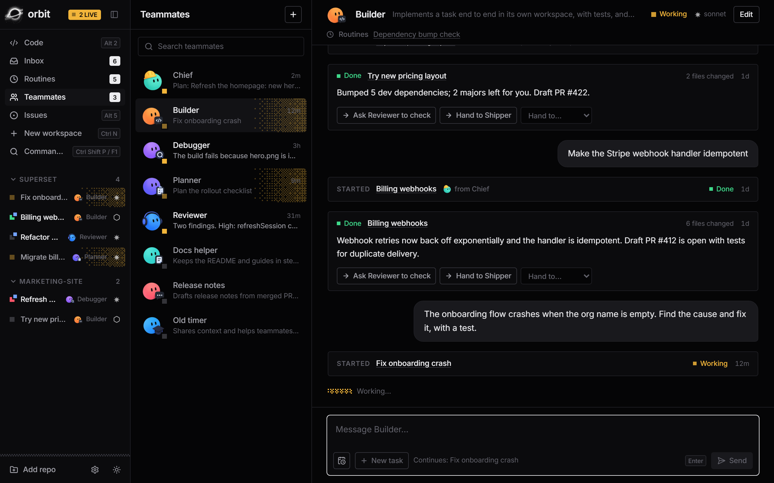 The Teammates view with a list of teammates beside a thread holding a report and hand-off suggestions