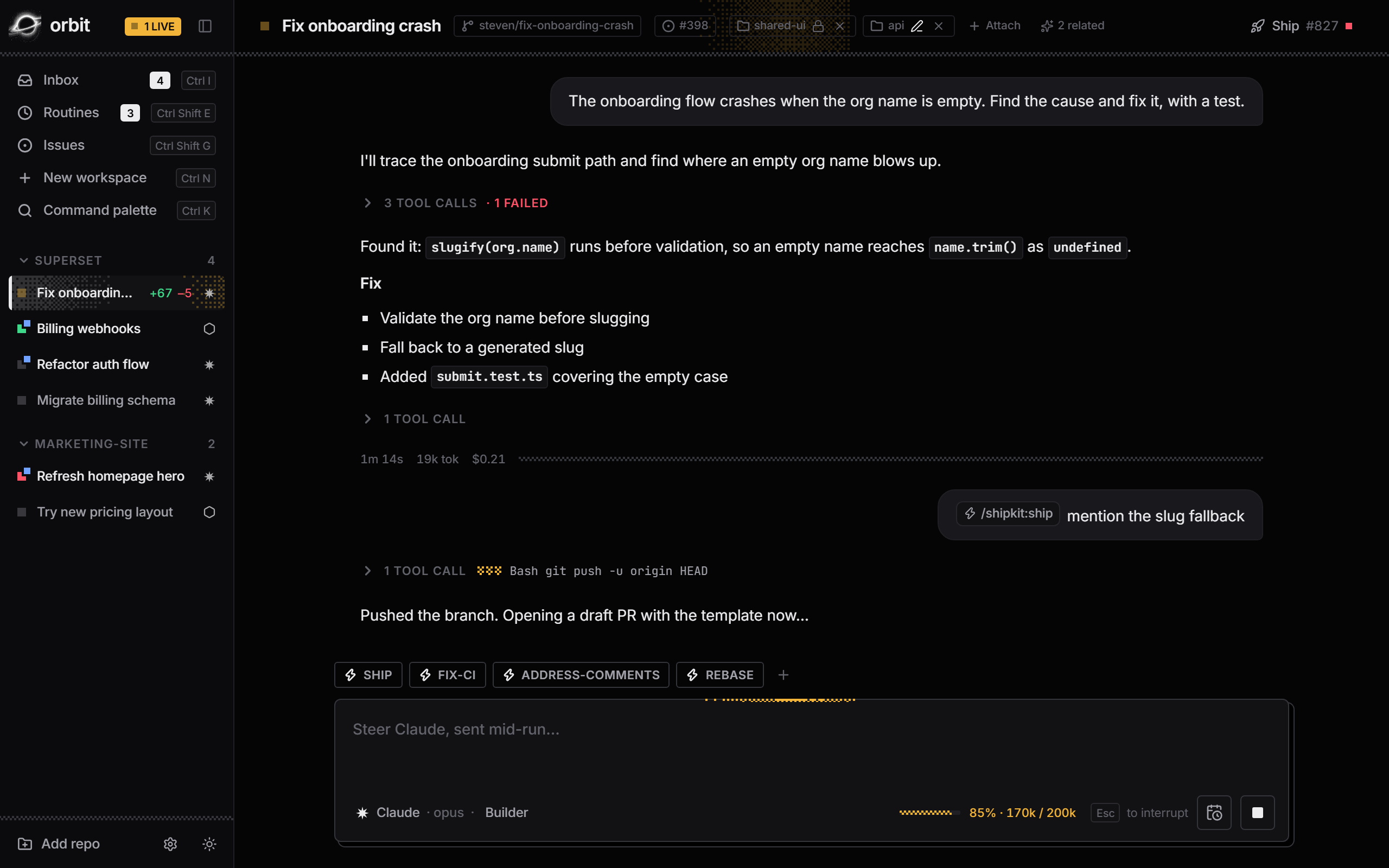 Orbit workspace with the fleet listed in the sidebar and live diff stats.