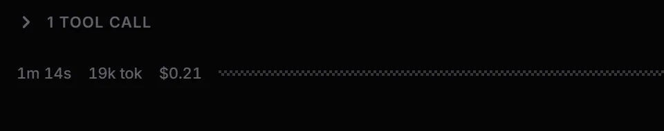 Turn summary: 1m 14s, 19k tokens, $0.21.